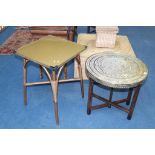 An Indian brass folding table and gold colour occasional tables
