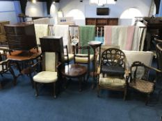 Edwardian occasional table, oak bookcase, plant pedestal and various chairs etc.