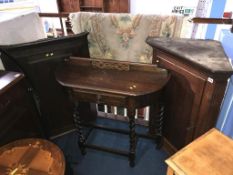 Two 19th century oak corner cabinets and an oak barley twist side table