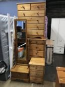 Three pine chest of drawers and a Cheval mirror