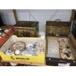 Two trays of china, brass log box and a magazine rack