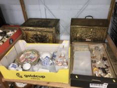 Two trays of china, brass log box and a magazine rack