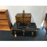 A blue travel trunk and a sewing box