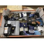 Quantity of aftershaves and a box containing Robert Welch cutlery and a canteen and various