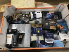 Quantity of aftershaves and a box containing Robert Welch cutlery and a canteen and various