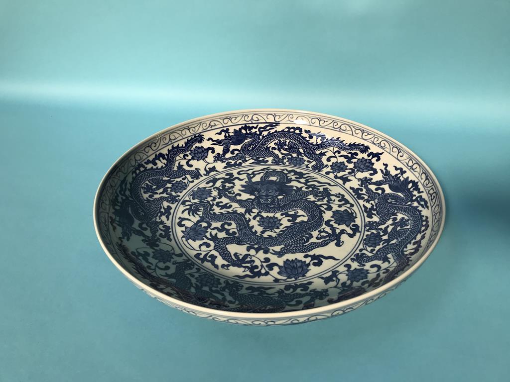 A large modern Chinese blue and white charger