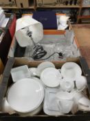 Three boxes of assorted china, glassware and a lamp