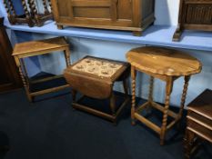 Two oak barley twist occasional tables and a tiled top table