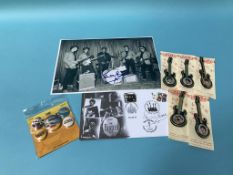 Signed Pete Best photograph, first day cover and variety of Beatles badges
