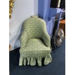 Modern green floral bedroom chair, 63cm wide x 83cm high, seat 46cm deep