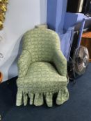Modern green floral bedroom chair, 63cm wide x 83cm high, seat 46cm deep