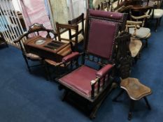 Edwardian corner chair, American rocking chair, oak wall clock etc.