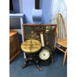 Green leather top swivel stool, a barometer and fire screen