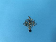 A 9ct gold Art Nouveau pendant, mounted with seed pearls and amethyst, 2.7g, in fitted leather case