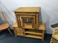 Modern pine nest of tables and oak TV stand