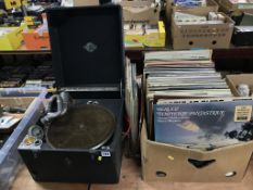Box of records and wind up gramophone