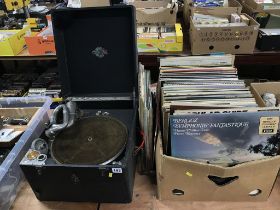 Box of records and wind up gramophone