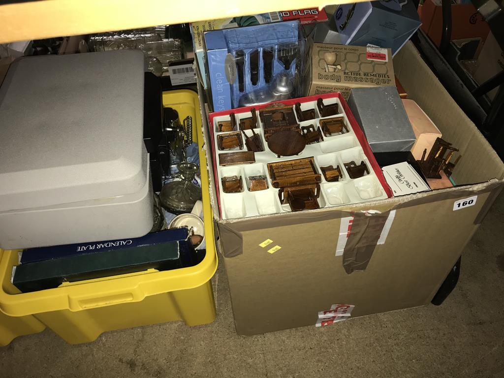 Four boxes of doll's furniture, silver plated wares, china, safe deposit box etc. - Image 3 of 3