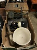 Box of kitchenalia and an old till