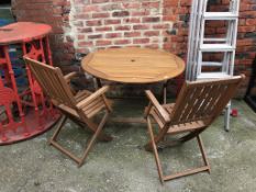 Teak garden table and two chairs, table 110cm diameter