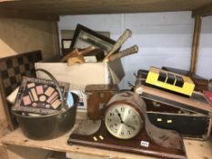 Shelf with brass jam pan, clock etc.