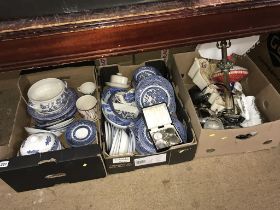 Three boxes of blue and white china, small box of pocket watches etc.