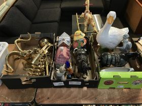 Three boxes of brassware, china, a glass clown etc.