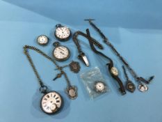 Tin of silver pocket watches and fobs etc.