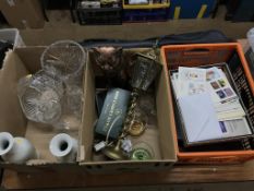 Three boxes to include copper cat fire irons, glassware, stamps, cutlery, golf clubs etc.