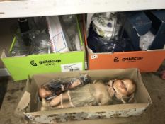 Boxed doll and two boxes of glassware
