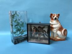 Glass vase, Staffordshire dog and two cased birds
