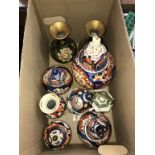 Box containing a pair of cloisonne vases and a quantity of Imari porcelain