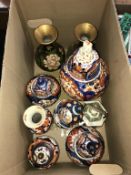 Box containing a pair of cloisonne vases and a quantity of Imari porcelain