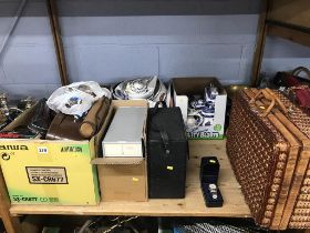 Shelf of Worcester 'Evesham' ware, blue and white china, binoculars, Gents watch etc.