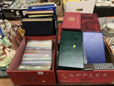 Three boxes of First Day Covers, stamp albums etc.