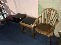 Teak nest of tables, Windsor chair and Stag telephone seat