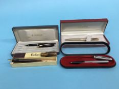 Fountain Pens: Two boxed Parker pens, Pentel, boxed, 1 pen, Sheaffer, boxed, 1 pen (4)