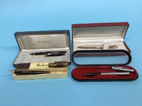 Fountain Pens: Two boxed Parker pens, Pentel, boxed, 1 pen, Sheaffer, boxed, 1 pen (4)