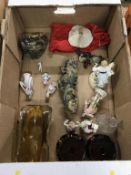 Box of German porcelain figures, carved soapstone etc.