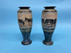 A pair of Royal Doulton stoneware vases, decorated by Hannah Barlow, incised with Donkeys and