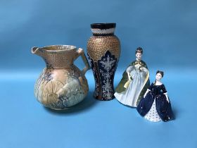 A Doulton Slaters patent stoneware vase, two Royal Doulton figures and a Shorter water jug