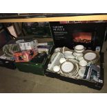 A boxed heater, three boxes of china and bric a brac