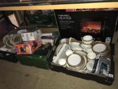 A boxed heater, three boxes of china and bric a brac