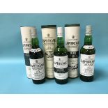 Three bottles of Laphroaig 10 year old Scotch whisky
