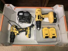 Two DeWalt style drills, five batteries and one charger