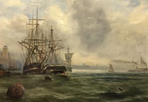 S. Brownlow, oil, signed, dated 1880, 'Shipping off the Tyne Estuary', 49cm x 75cm