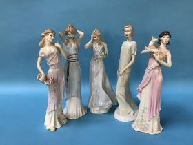 Three Royal Doulton figurines 'Reflections' and two 'Impressions' figurines