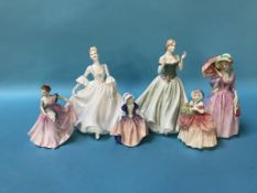 Four Royal Doulton figurines, a Royal Worcester figure and a Coalport figure