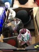 Box containing Bowler hat, Barbola mirror, clock etc.