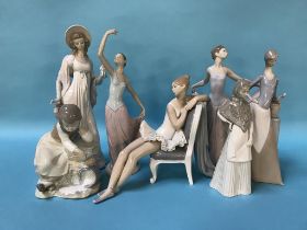 Three Lladro figures and three Nao figures and one other